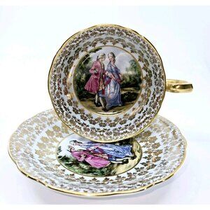 Royal Windsor Romantic Couple Rococo Style Teacup & Saucer Pale Blue Gold